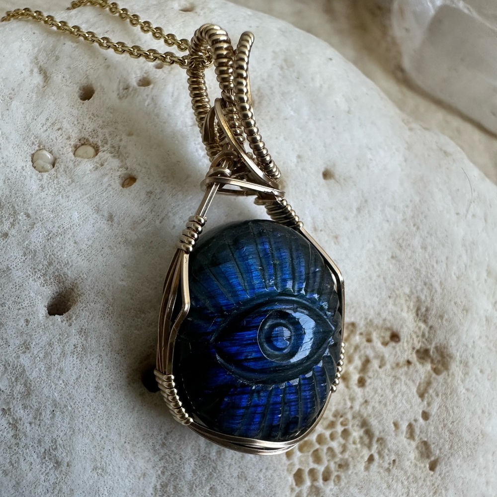 14k Gold Filled Evil Eye Handcarved Labradorite Necklace 18 inches